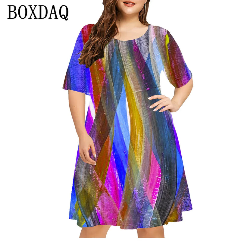 Vestido Estampado com Gradiente Listrado 3D – Moda Casual Feminina de Manga Curta Solta, Verão, Plus Size, Tamanhos 8XL e 9XL