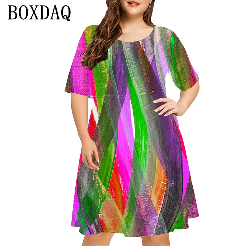 Vestido Estampado com Gradiente Listrado 3D – Moda Casual Feminina de Manga Curta Solta, Verão, Plus Size, Tamanhos 8XL e 9XL