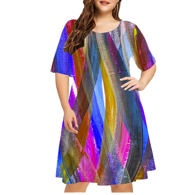 Vestido Estampado com Gradiente Listrado 3D – Moda Casual Feminina de Manga Curta Solta, Verão, Plus Size, Tamanhos 8XL e 9XL