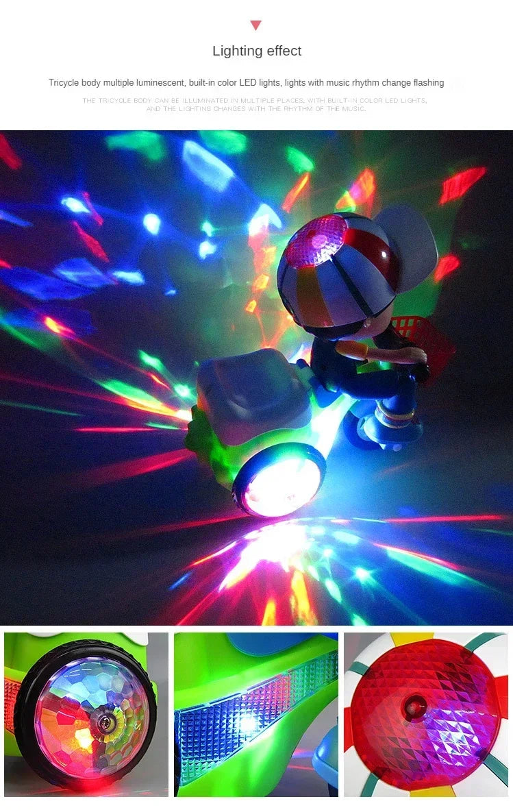 Luminous Pedal Tricycle Toy with 360-Degree Rotation, Music and Stunt Features, Perfect Christmas Gift for Kids