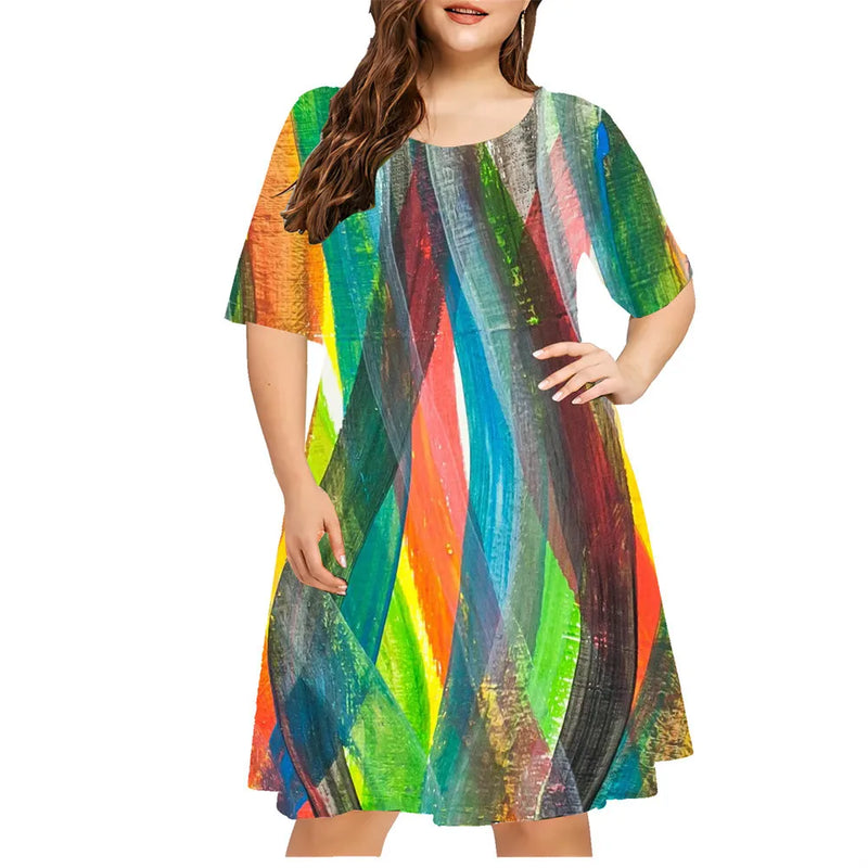 Vestido Estampado com Gradiente Listrado 3D – Moda Casual Feminina de Manga Curta Solta, Verão, Plus Size, Tamanhos 8XL e 9XL