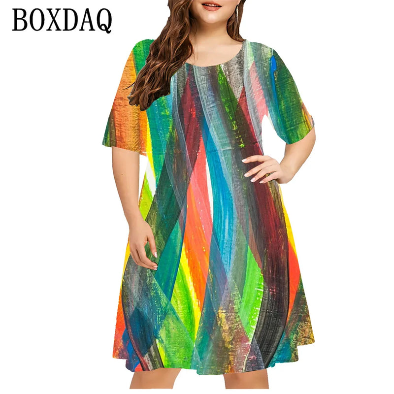 Vestido Estampado com Gradiente Listrado 3D – Moda Casual Feminina de Manga Curta Solta, Verão, Plus Size, Tamanhos 8XL e 9XL