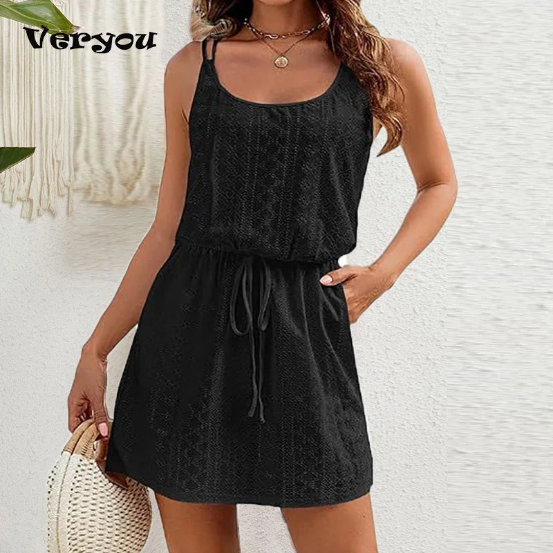 Vestido Mini Elegante Boho Verão – Decote Redondo Sem Mangas, Vestido Casual para Praia e Festa