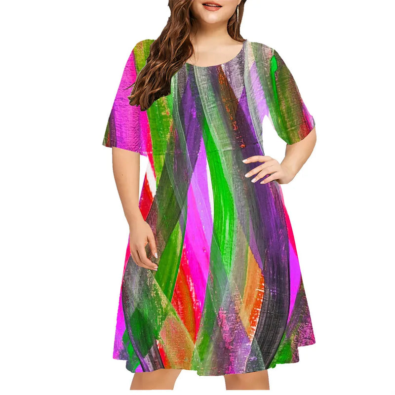 Vestido Estampado com Gradiente Listrado 3D – Moda Casual Feminina de Manga Curta Solta, Verão, Plus Size, Tamanhos 8XL e 9XL